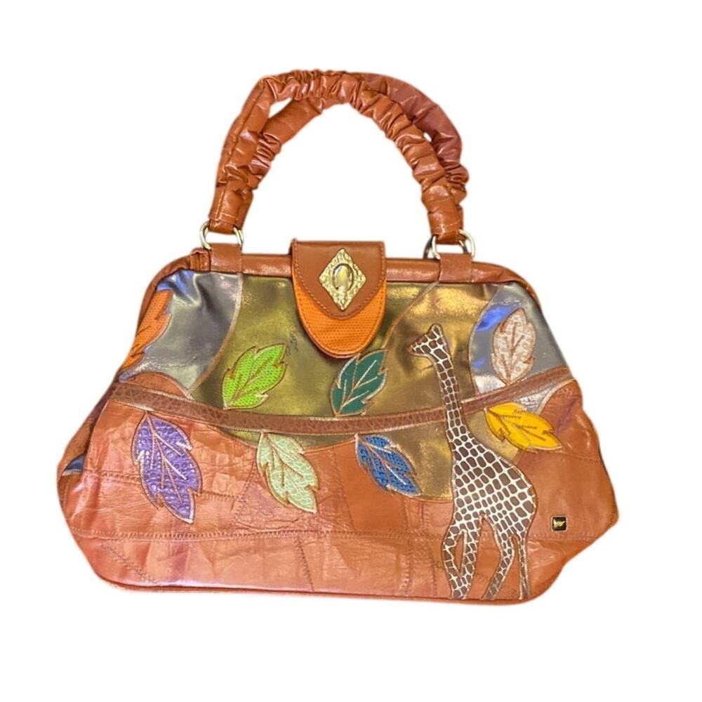 Vintage Leather Giraffe Embroidered Patchwork Metallic Embossed Purse FOSSIL?